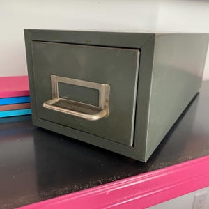 Vintage Metal Card File Drawer Index Organizer Canada Industrial Office Storage Cabinet 1960s Grey