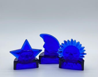 Vintage Cobalt Blue Celestial Votive Holders Set of 3 Sun Moon Star Glass