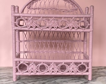 Vintage Dusty Rose Wicker Rattan Shelf Wall or Table Display Boho Coastal Decor Pink