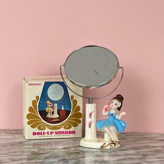 Vintage Viscount Doll-up Vanity Mirror Girl on Telephone Swivel 2 side Magnifying (Original Box)