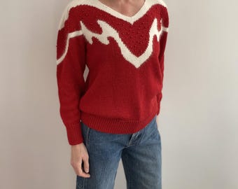 Maglione vintage in mohair con perline anni '80 - Maglia rossa e bianca, spalline imbottite, taglia M