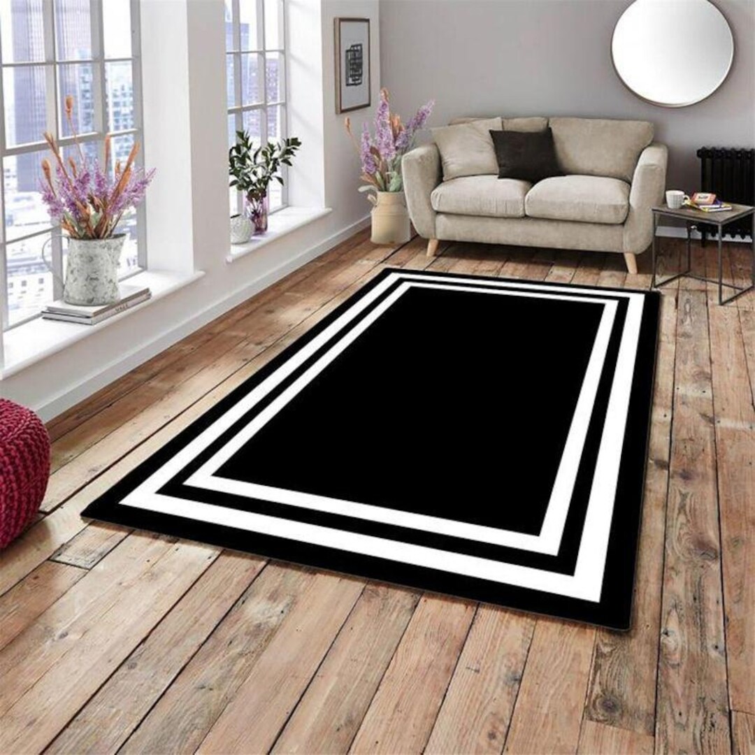 Black White Border Rug, Modern Minimalist Area Rug, Handmade Tufted Rug ...
