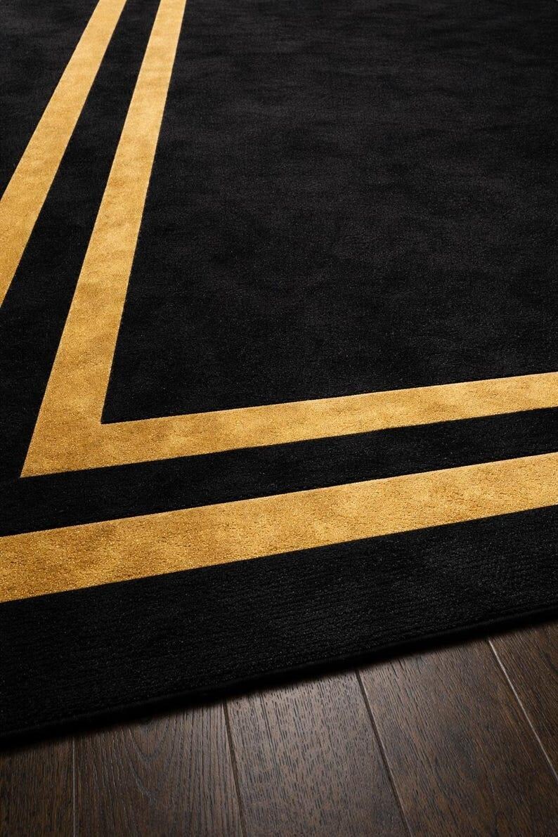 Clh Rug Handmade Black Gold Border Rug, Art Deco Tufted Carpet, Modern Living ...