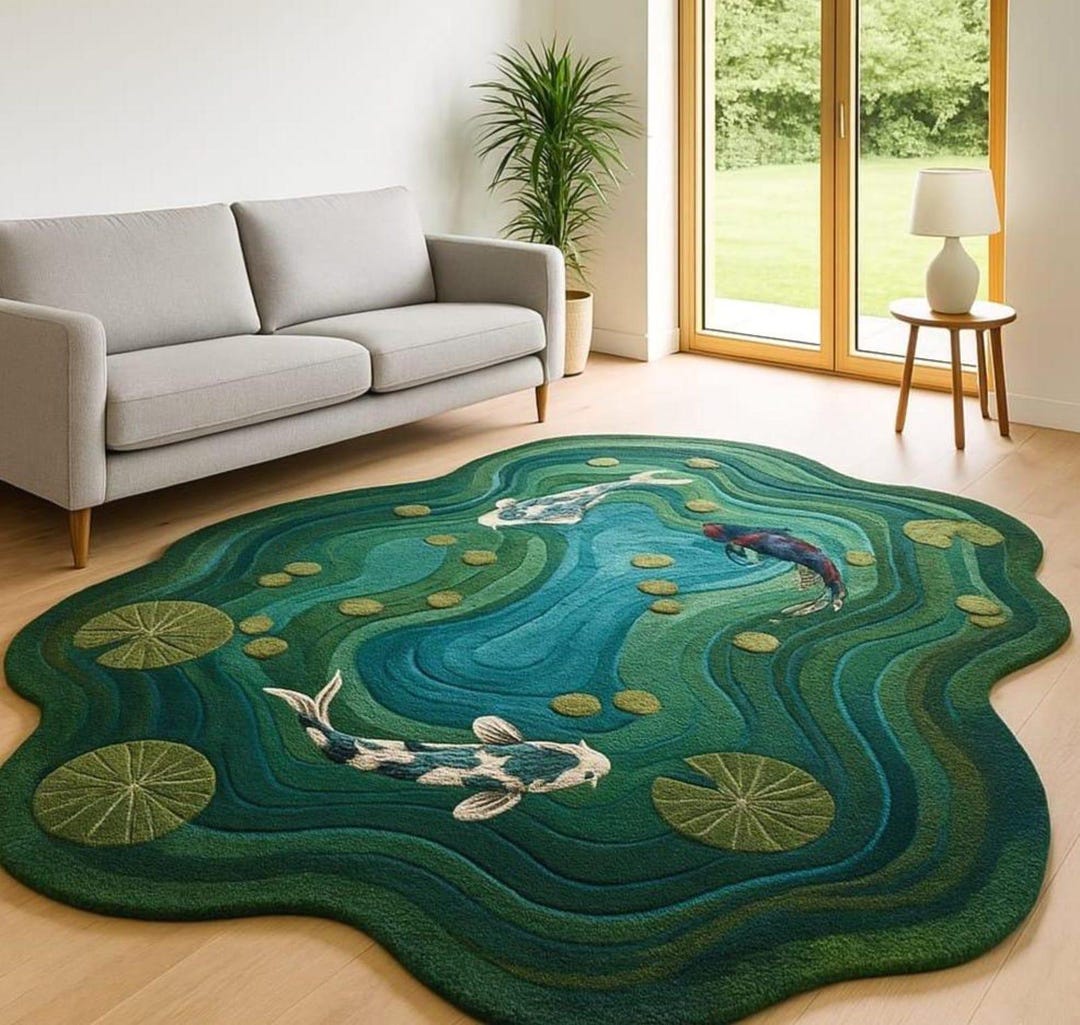 Pond Colors Rug Handmade Wool Koi Fish Pond Rug | Irregular Green Area Rug, Zen Decor ...