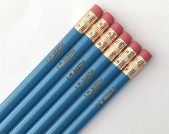 i love math 6 engraved pencil set in aqua blue. back to school supplies for kids and teachers! #2 pencils personalized in blue