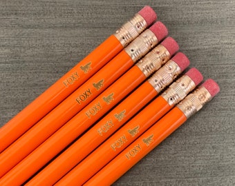 foxy fox orange set of 6 personalized pencils. Fox engraved on the pencil!