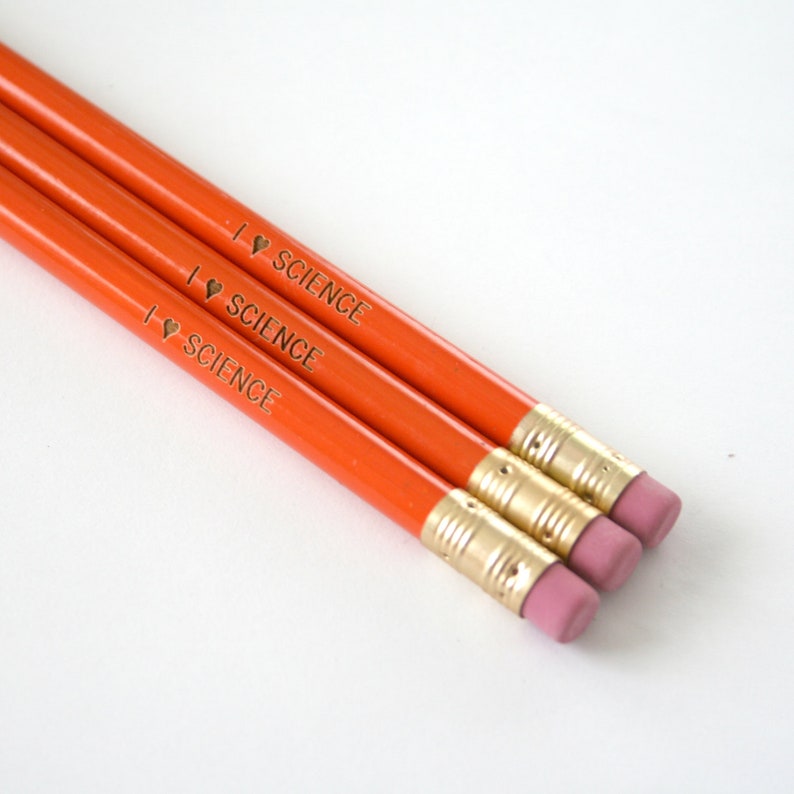 i love science engraved pencil set of 3 in orange persimmon. back to school pencils image 5