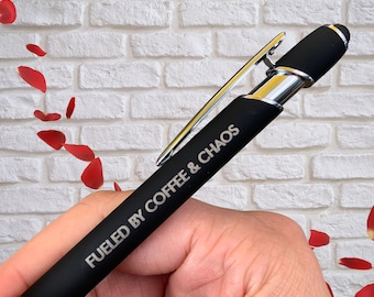 fueled by coffee & chaos stylus pen. black ink inside.