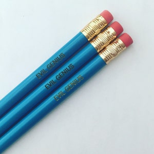 evil genius Personalized pencil set of 3 in aqua for plotting total world domination. or your neighborhood at least. image 2