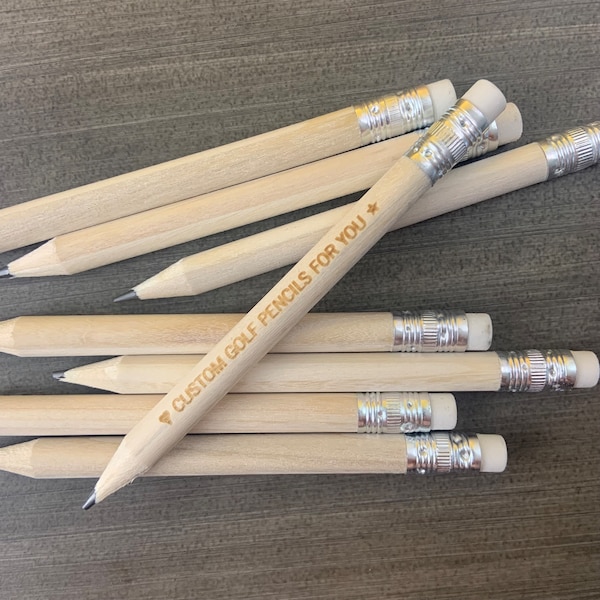 custom engraved  mini golf pencils set of 100. save the date wedding pencils! bulk golf pencils. golf pencils with white erasers. Natural.