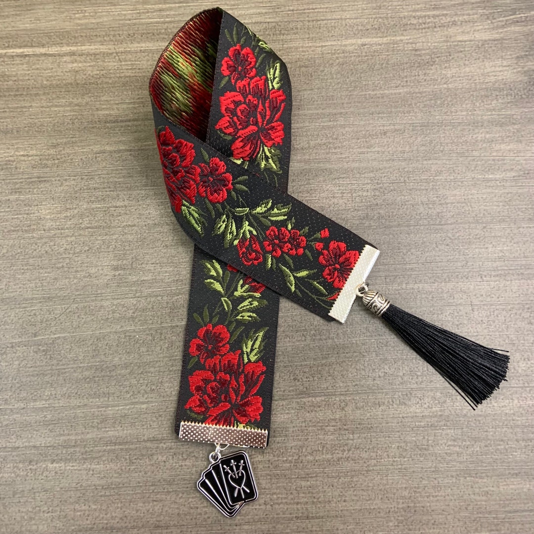 Tarot Card Bookmark. Rose Print Black, and Red Ribbon Bookmark. Tarot 3 ...