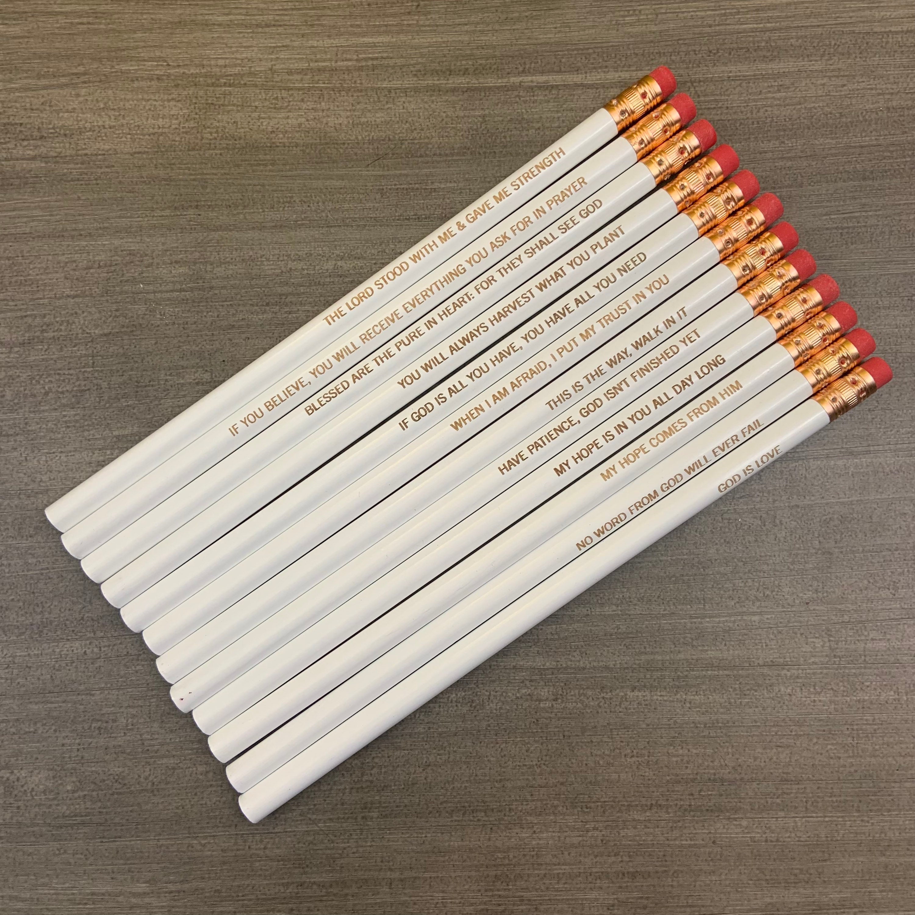 Uplifting Bible quotes pencil set of 12. engraved pencil set. baptismal gift. easter gifts. Christian stocking stuffers.