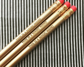 this is a magic wand engraved pencils set in gold. back to school. teacher gifts