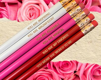 Inspiring pencils assorted 6 six engraved pencils in pastel pink, red & white.  Best friend galentine's gift