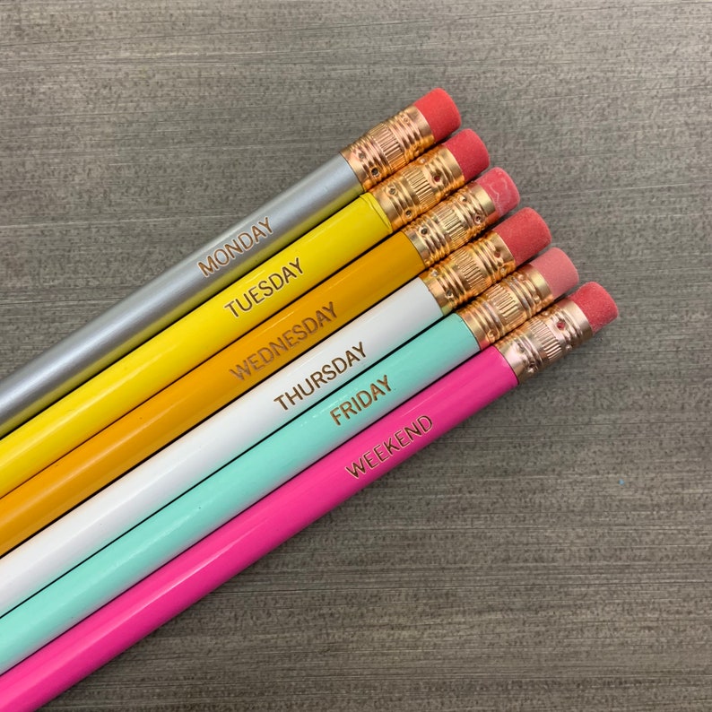 days of the week engraved pencil set of 6. rainbow personalized pencils for teacher appreciation week gifts, image 2