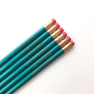 Resolution pencil set of six in teal. engraved pencils for year round inspiration back to school. image 2
