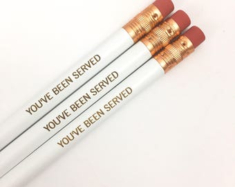 You've been served personalized pencils in white. Multiple quantities available. round pencils