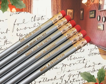 Sherlock Holmes  engraved pencil set 6 light  pencils in silver. for your favorite writer or detective. bookworm stocking stuffers