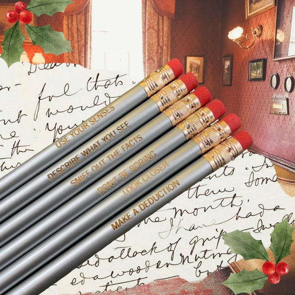 Sherlock Holmes  engraved pencil set 6 light  pencils in silver. for your favorite writer or detective. bookworm stocking stuffers