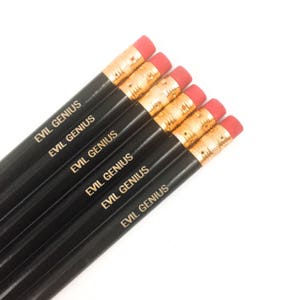 evil genius engraved personalized pencil set 6 black pencils.  for your favorite evil overlord