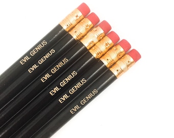 evil genius engraved personalized pencil set 6 black pencils.  for your favorite evil overlord