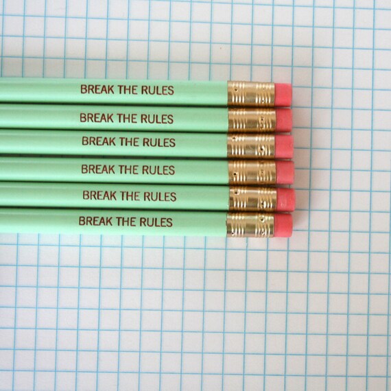 Items similar to break the rules engraved pencil pack of 6 in mint green. on Etsy