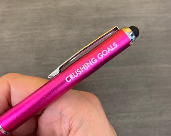 crushing goals hot pink pen with a smart phone stylus. Black ink. perfect for your planner and lists checking. back to school