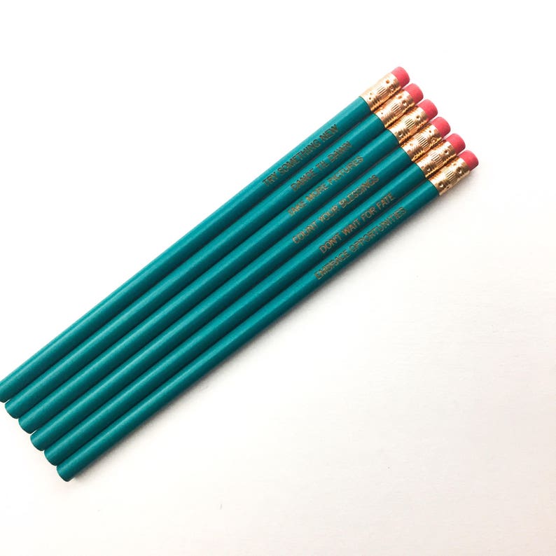 Resolution pencil set of six in teal. engraved pencils for year round inspiration back to school. image 3