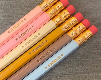 Custom name pencils, personalized six  pack of engraved pencils. pretty neutrals. Your name and stars.