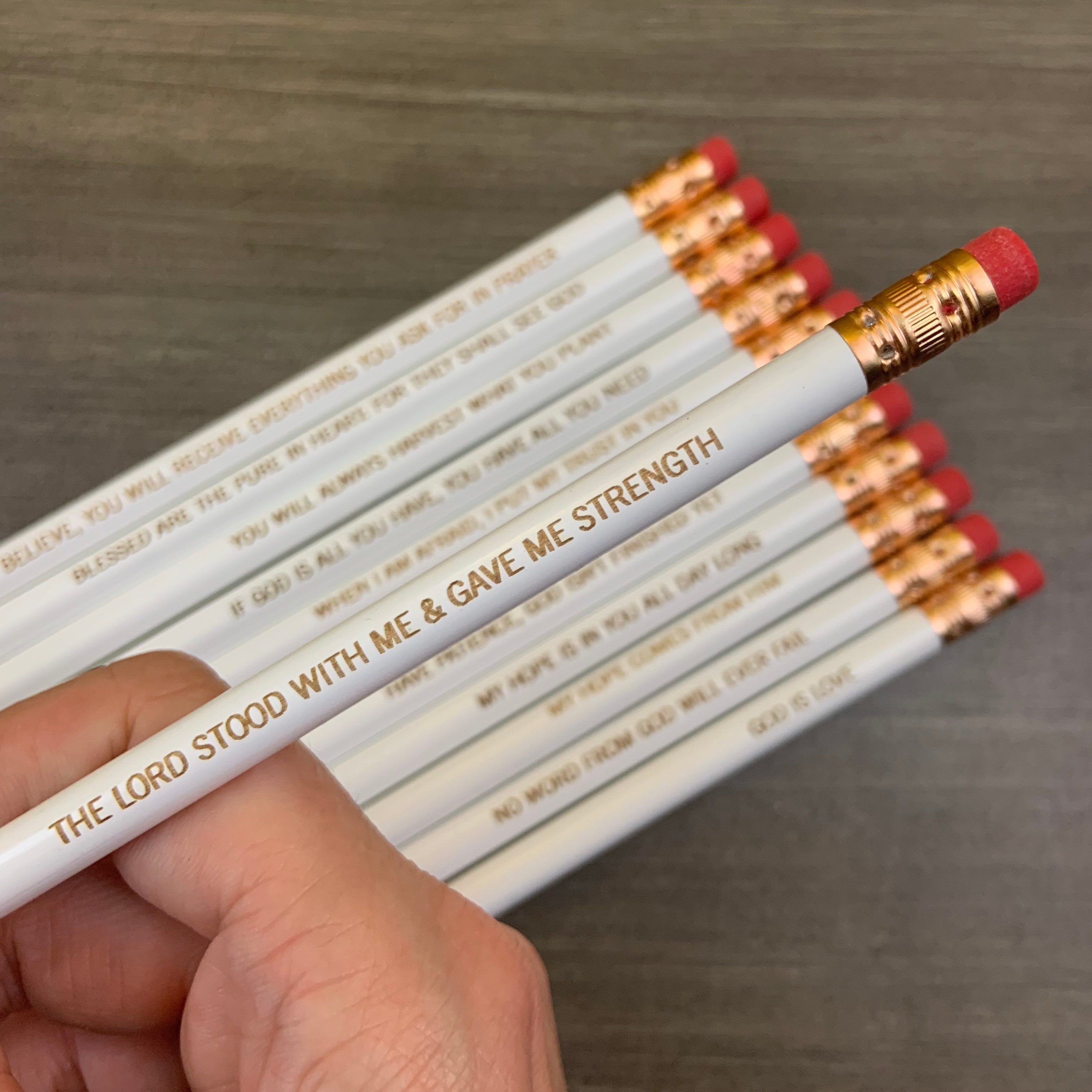 Uplifting Bible quotes pencil set of 12. engraved pencil set. baptismal gift. easter gifts. Christian stocking stuffers.