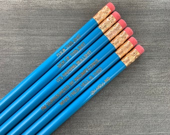 office woes personalized pencil set in aqua wood. multiple quotes. MATURE profanity funny coworker gifts.