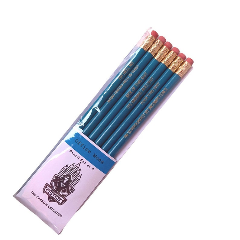 office woes personalized pencil set in aqua wood. multiple quotes. MATURE profanity funny coworker gifts. image 5