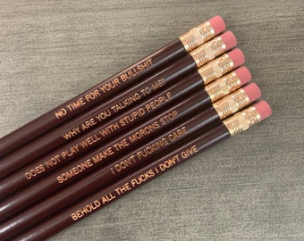 Musings of a misanthrope personalized engraved pencil set in MAROON. multiple quotes. MATURE stocking stuffers, crossword puzzle pencils