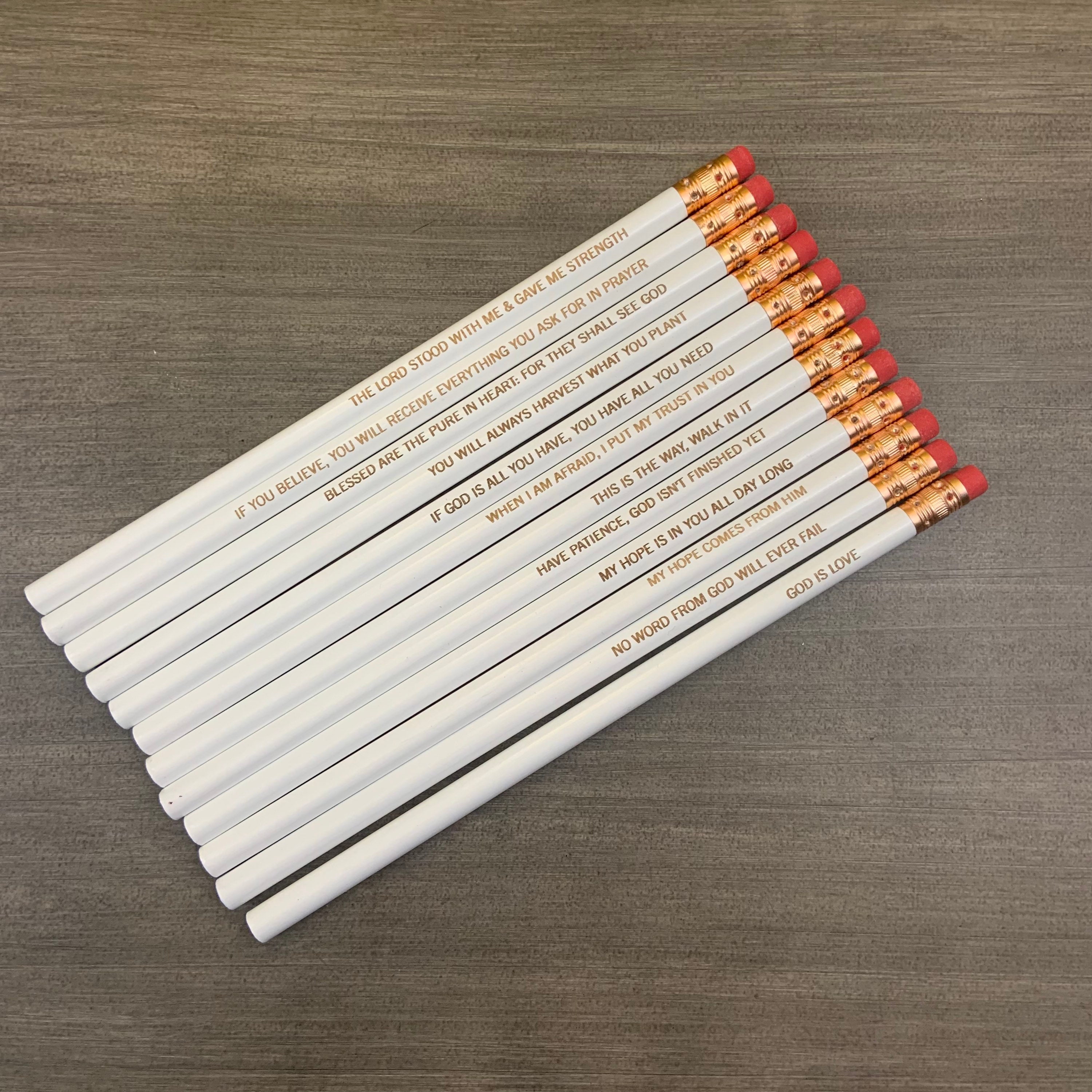 Uplifting Bible quotes pencil set of 12. engraved pencil set. baptismal gift. easter gifts. Christian stocking stuffers.