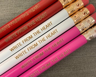 write from the heart. 6 engraved red pink white pencils. back to school supplies.