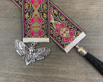 Skull Moth Ribbon Bookmark, Jacquard Print, Black Tassel