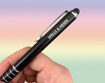 spells and hexes stylus pen. black ink inside. planner pen. witch gifts. funny back to school supplies. halloween gift