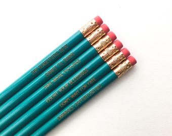 Resolution pencil set of six in teal. engraved pencils for year round inspiration! back to school.