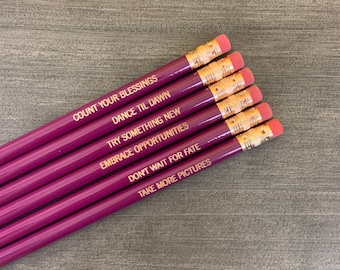 Resolution pencil set of six pick a color . Inspiring engraved pencils. inspirational quotes, party favors. Back to school pencils