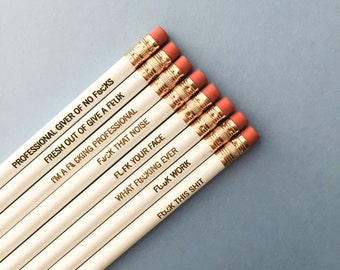 An entire fistful of fvcks, personalized engraved pencils in white. Mature profanity. Office supplies. admin day