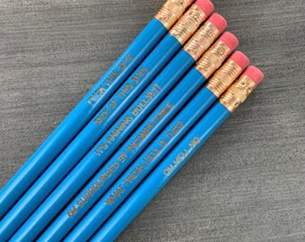 office woes personalized pencil set in aqua wood. multiple quotes. MATURE profanity funny coworker gifts.