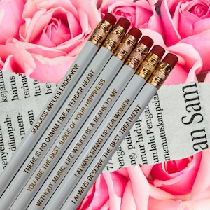 Jane Austen engraved pencil set of six in white. Bookish gifts for readers and writers.