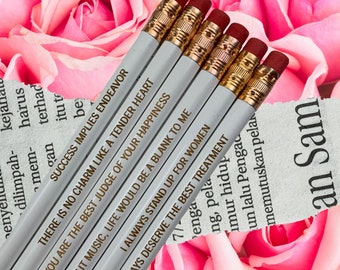 Jane Austen engraved pencil set of six in white. Bookish gifts for readers and writers.