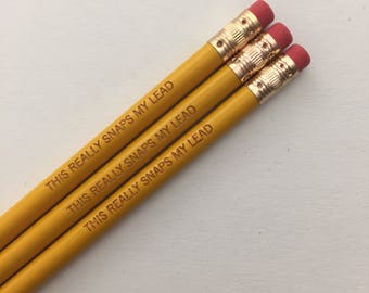 this really snaps my lead personalized engraved pencils in classic mustard yellow. back to school and teacher gifts. multiple quantities