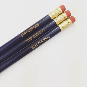 stay curious wonderland pencil set engraved in dark violet. teacher appreciation gift