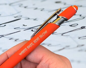 write fast, edit slow. pen with a smart phone stylus. gift for a novelist, writers, journalist, bujo, diary pen.