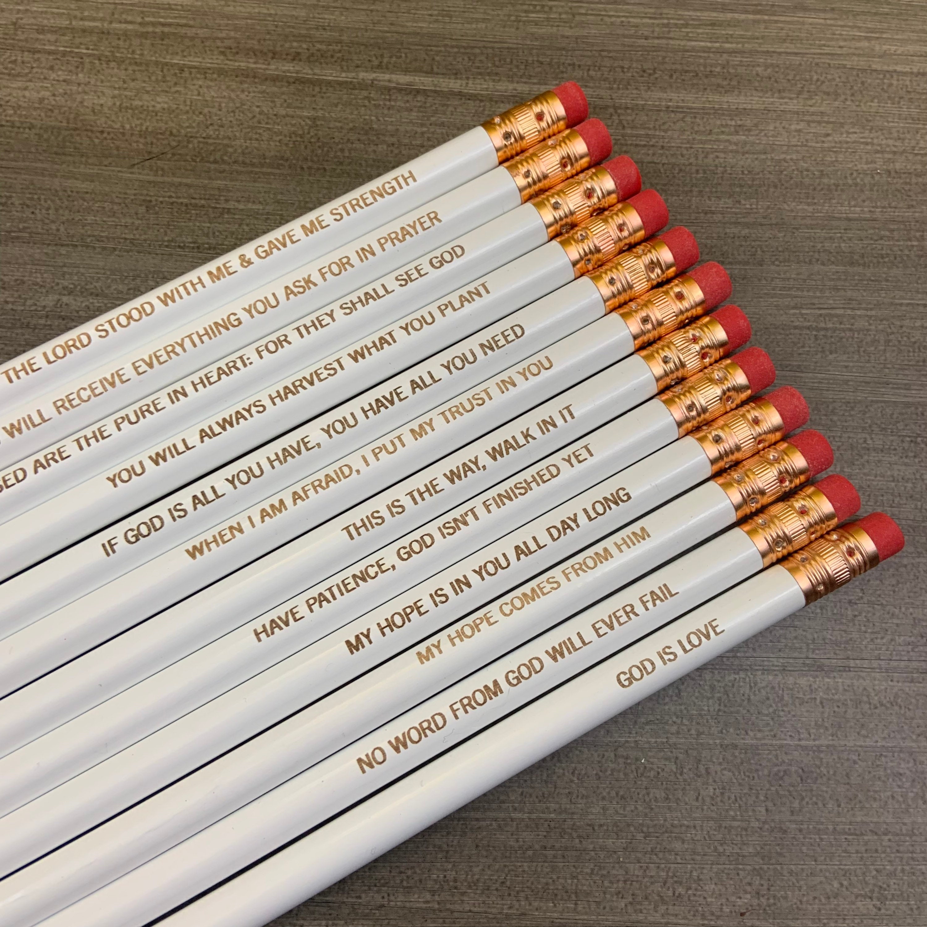 Uplifting Bible quotes pencil set of 12. engraved pencil set. baptismal gift. easter gifts. Christian stocking stuffers.