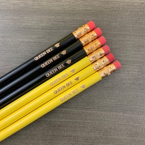 Queen Bee personalized pencils in yellow and black. Honeybee emblem. back to school pencils, teacher gifts.