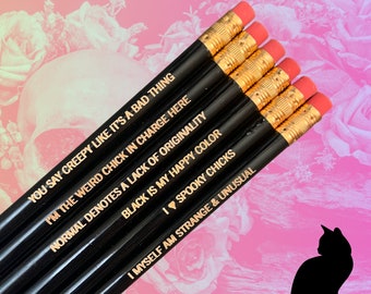 She is probably haunted, a pencil set of 6 black engraved pencils. for spooky chicks