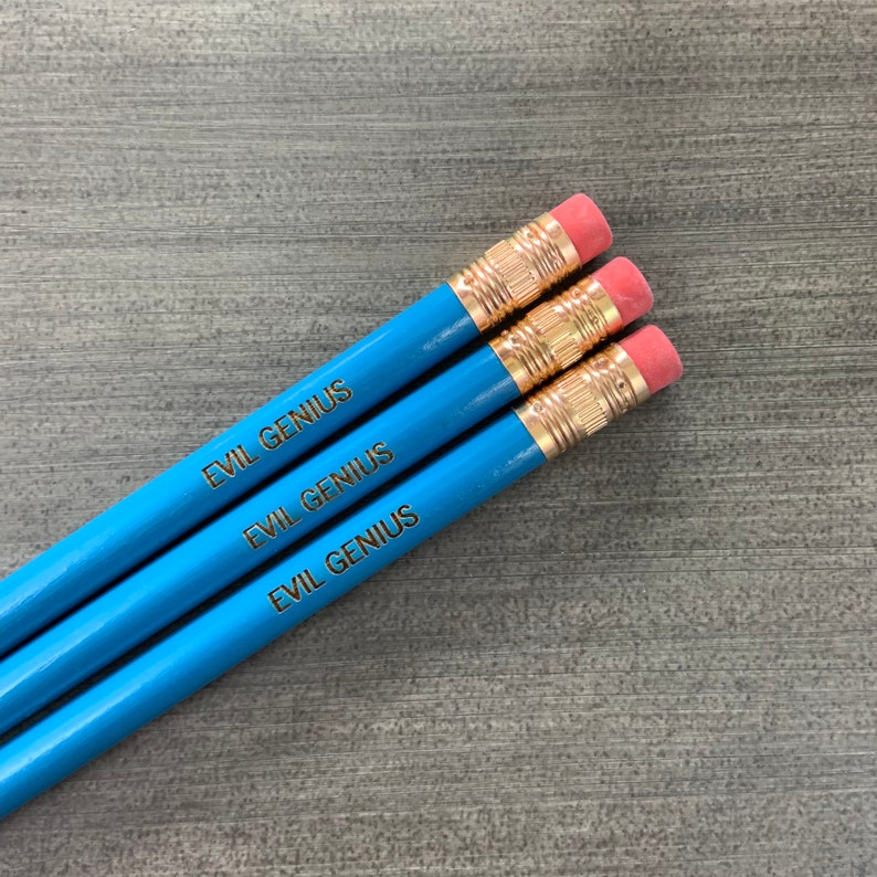 evil genius Personalized pencil set of 3 in aqua for plotting total world domination. or your neighborhood at least. image 4